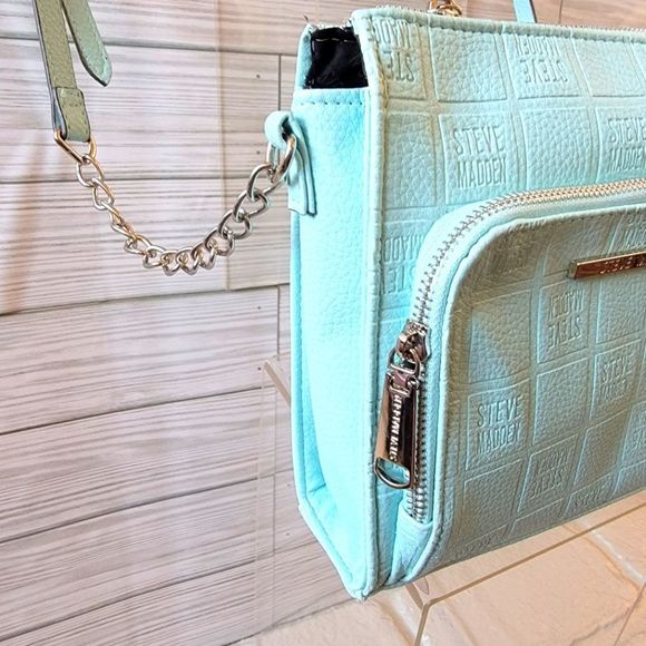 NWT STEVE MADDEN BGRANDE SQUARE LOGO AQUA CROSSBODY PURSE BAG DOME - Picture 4 of 5
